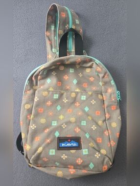 KAVU Small Patterned Canvas Backpack - Brown with Teal & Orange Accents